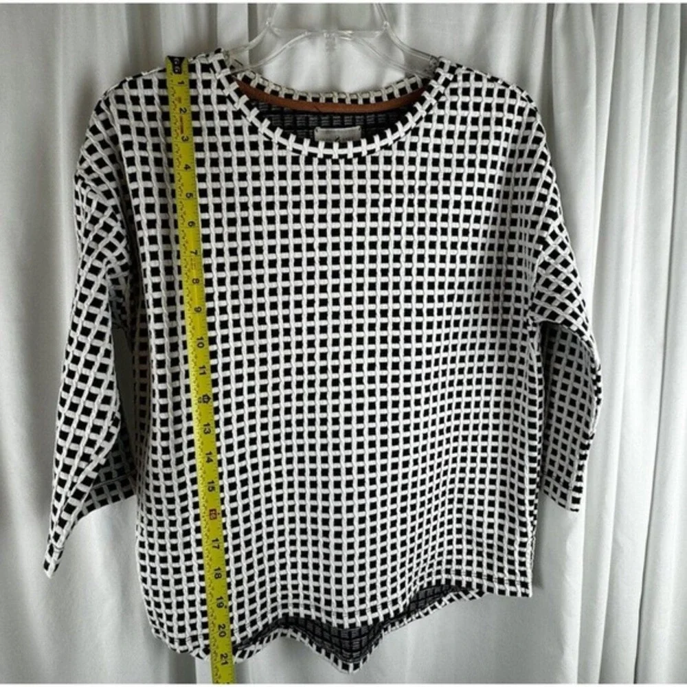 Lou & Grey Blue White Grid Textured Knit Top 3/4 Sleeve S Preppy Academia 55-22‎